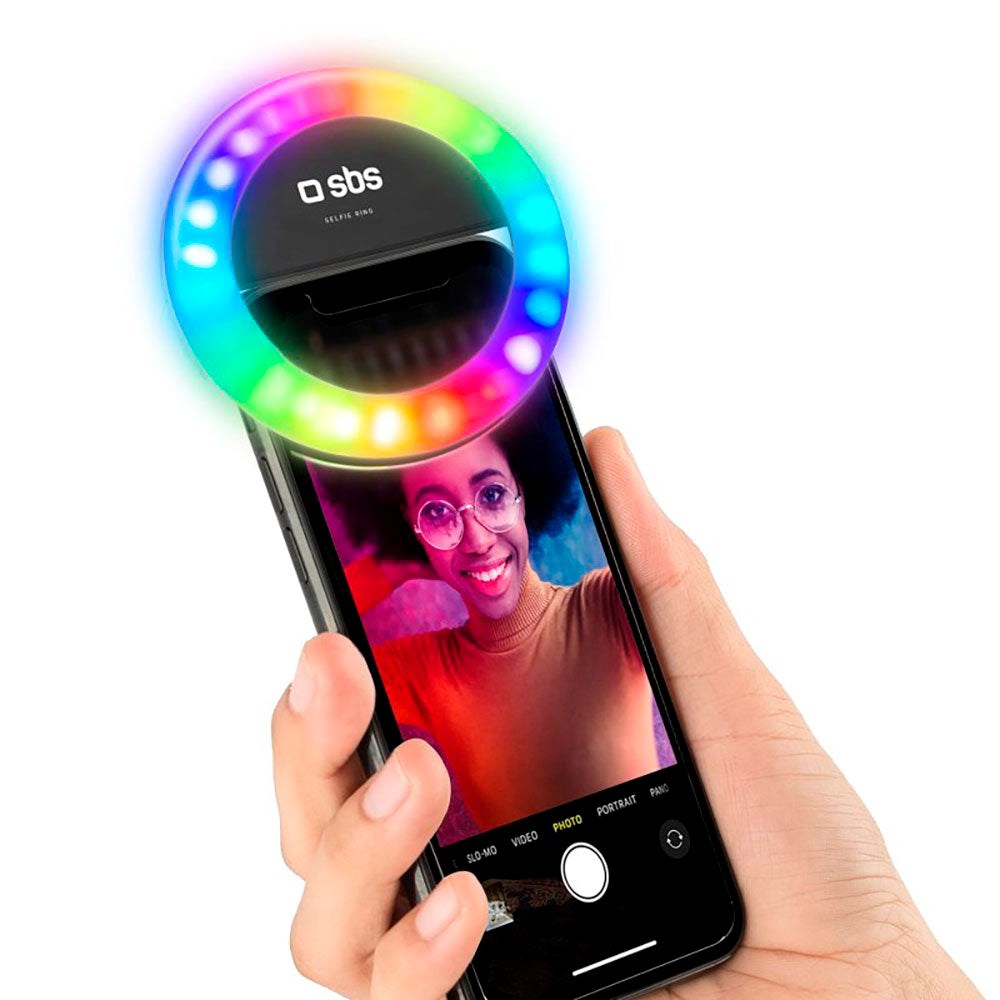 SBS Mini Selfie Ring Light m. Flerfarget lys for smarttelefon - svart