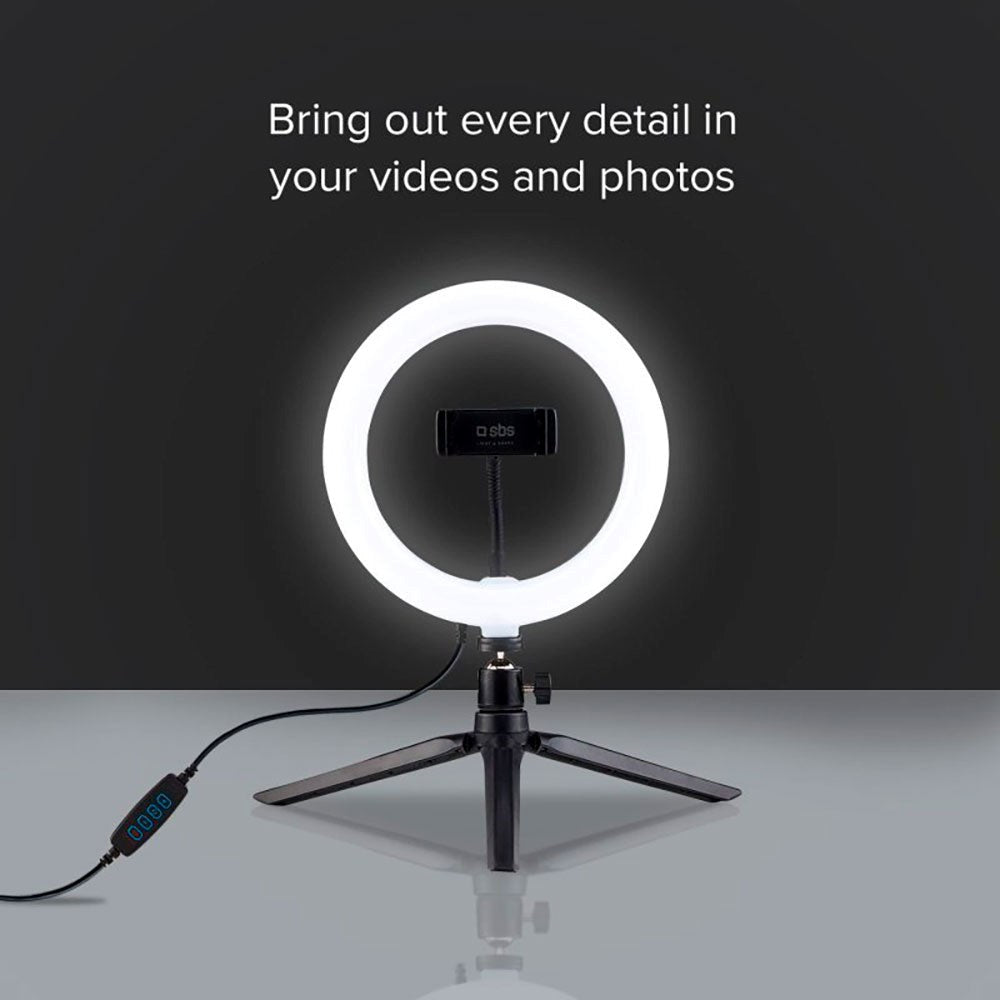 SBS LED Selfie Ring Light m. Stativ &amp; Mobilholder - Svart