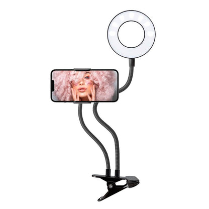 SBS Justerbar LED Ring Light m. Bordclip & Mobilholder - Max Mobil: 85mm - Sort